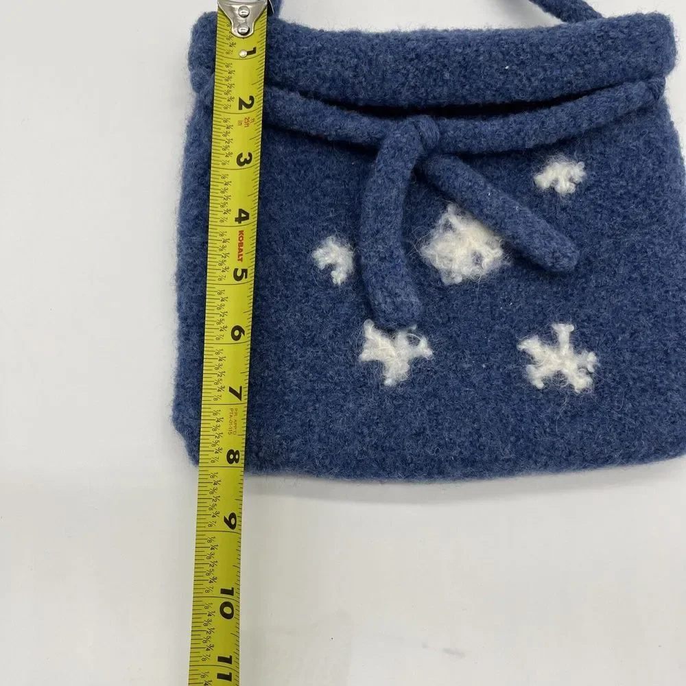 VTG Handmade Felted Wool Blue With‎ White Snowflakes Boho Bag Purse